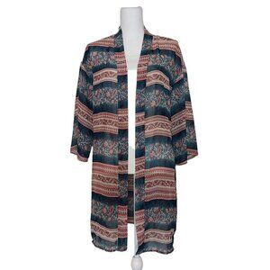 Wallflower Blue Floral Sheer Open Front Kimono Arm Holes Size Large